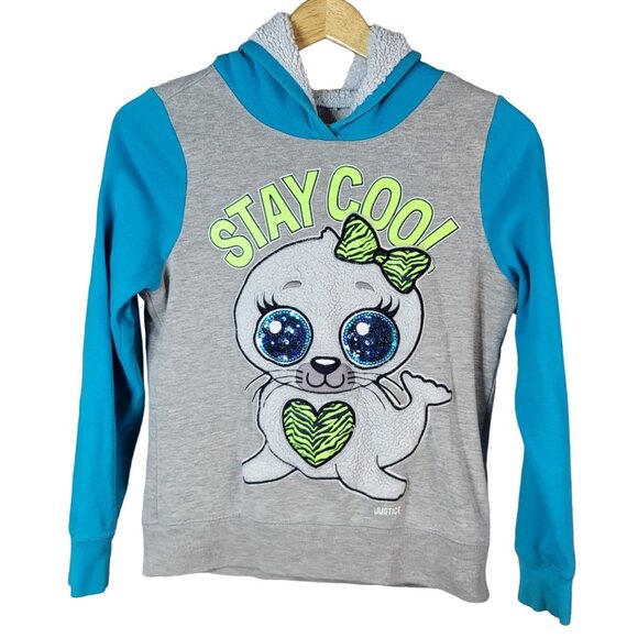 Justice Girls Sparkle Hoodie Gray Size 14 Sherpa Long Sleeve Seal Sweatshirt - Picture 1 of 6